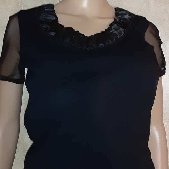 ALBERTO MAKAI Designer Top Sheer Sleeves Shirred Satin Neckline BLACK Size M - Picture 1 of 8